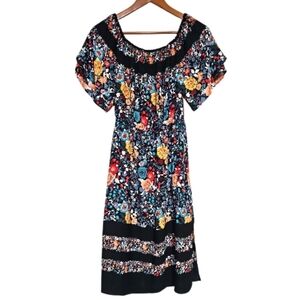LOFT Floral Black Oversized Flowy Dress Layered Flutter Sleeves Size XS